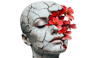 Artistic sculpture of a cracked head with blooming flowers in abstract portrayal of beauty isolated on transparent background