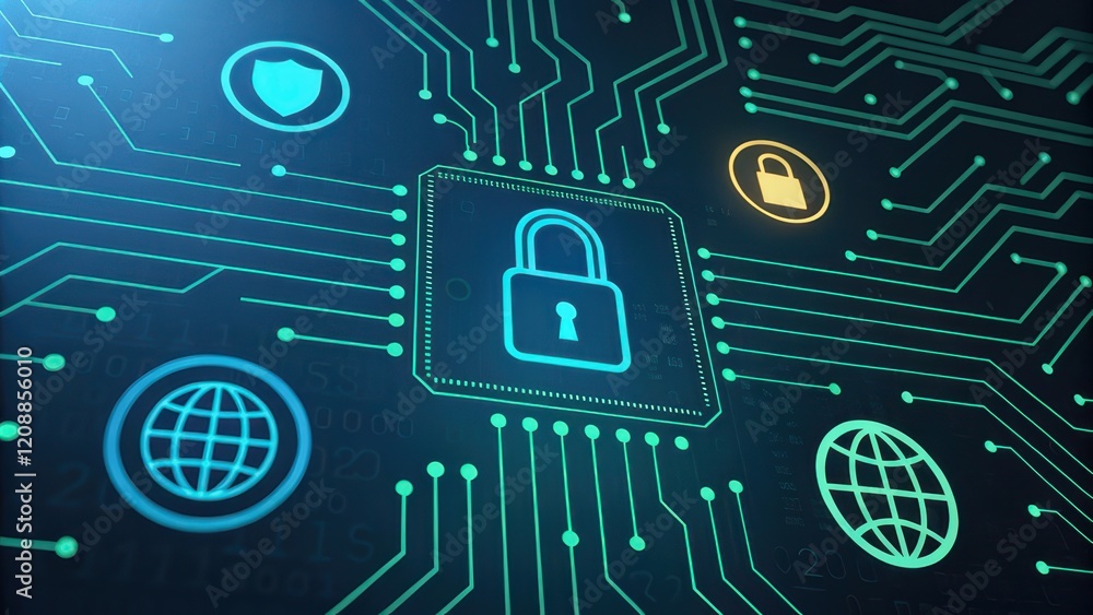 Poster cyber security concept, digital security concept with locks and circuits