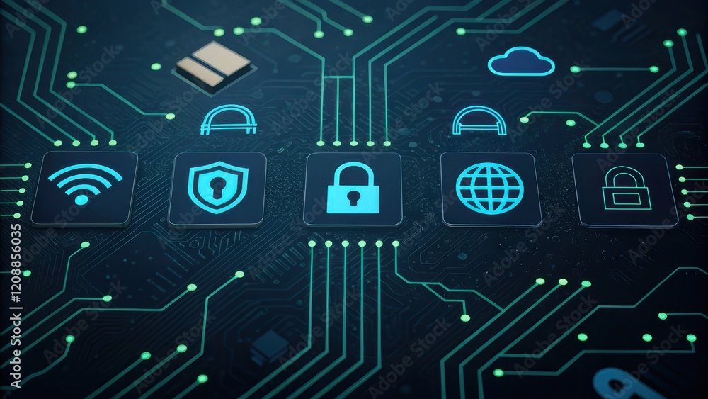 Poster cyber security concept, digital security icons on a circuit board background