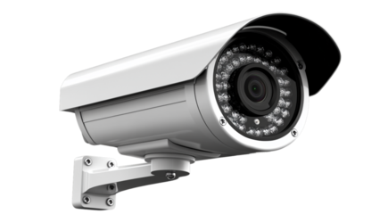 A camera with a black and white lens and a white body. The camera is lit up with a bright light