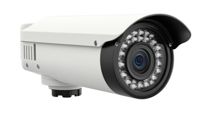 A camera with a black and white lens and a white body. The camera is lit up with a bright light