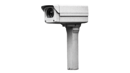 A camera with a black and white lens and a white body. The camera is lit up with a bright light