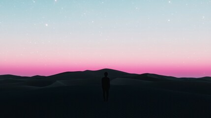 Obraz premium Surreal Desert Landscape Silhouette Pink Sky Starry Night