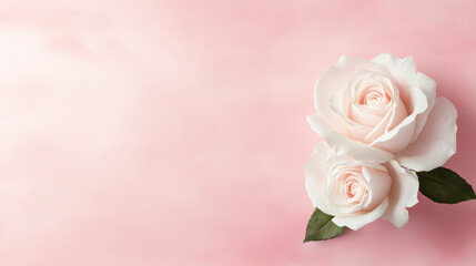 Fototapeta premium Soft pink background with two white roses and green leaves, creating romantic mood