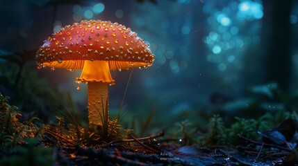 Fototapeta premium Luminous backlit glowing forest mushroom with drops, captured in a dark shot, hyperdetailed