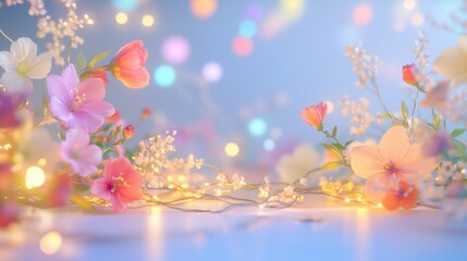 Fototapeta premium The image showcases a whimsical birthday celebration scene. It features three-dimensional pastel-colored empty space, decorated with small flowers.