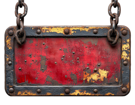 weathered metal plate red sign distressed texture hanging by an old chain distressed with copy space 