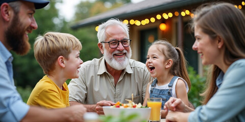 Joyful senior grandfather bonding with grandchildren during a family garden dinner party outdoors