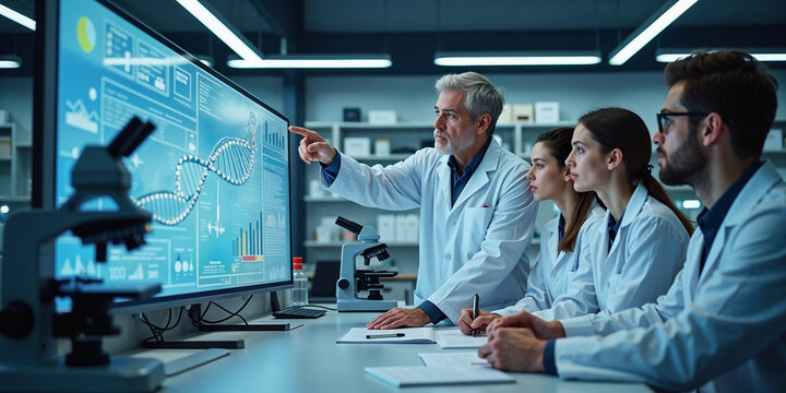 Diverse team of scientists collaborating in a biotech lab with DNA sequencing presentation