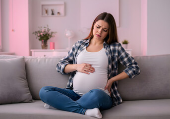 Fototapeta premium Pregnant woman in a plaid shirt, smiling while touching her belly in a softly lit room.