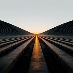 Obraz premium Futuristic Sunset Landscape Abstract 3D Render of Striped Pathway to Horizon