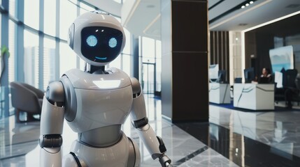 AI-powered robot interacting with a human in a modern, high-tech office environment.