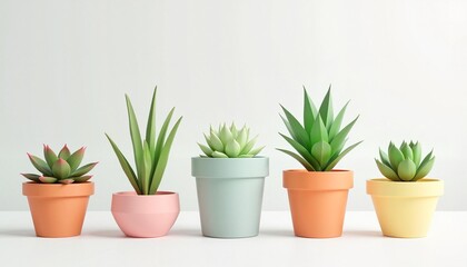 Fototapeta premium Vibrant Display of Five Colorful Potted Plants in a Row on a Clean White Background.