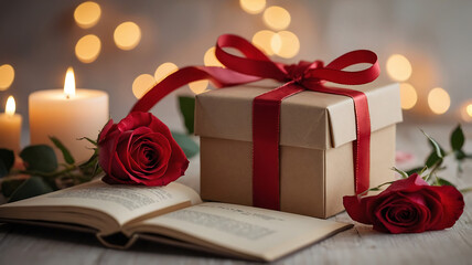 Romantic Valentine's Day Stock Image with Rose, Candles, and Gift