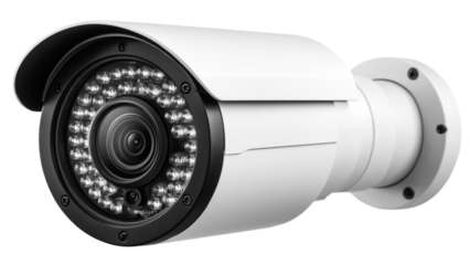 A camera with a black and white lens and a white body. The camera is lit up with a bright light