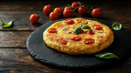 Delicious Tomato and Basil Frittata on Rustic Wooden Table