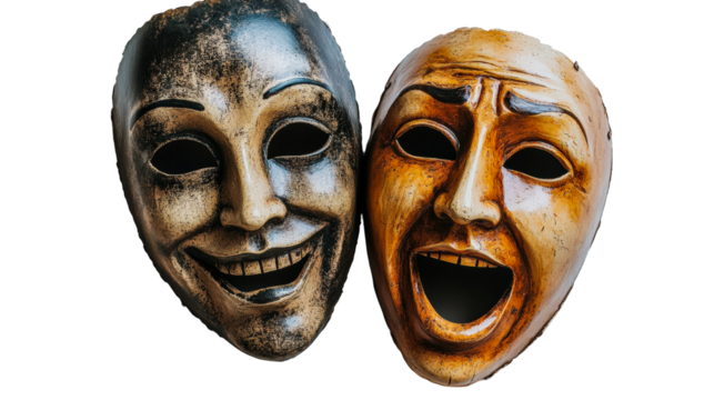 Masks representing joy and sorrow displayed, highlighting emotional expression in art isolated on transparent background