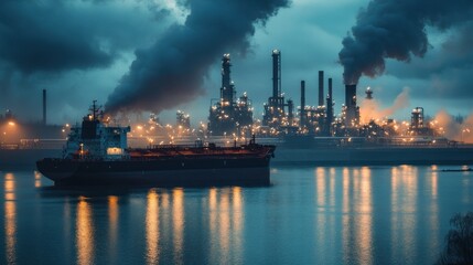 Cargo ship near an oil refinery: A ship anchored near an industrial refinery with pipelines extending toward the vessel.