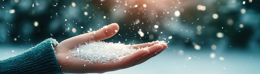 Fototapeta premium Catching snowflakes hand in winter wonderland nature serene environment close-up view beauty of winter