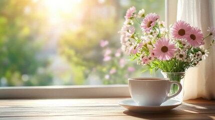 Celebrating International Women's Day with spring flowers and coffee, a peaceful morning at home.