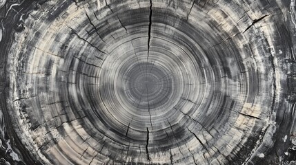 Warm gray cut wood texture. Detailed black and white texture of a felled tree trunk or stump. Rough organic tree rings with close up of end grain.