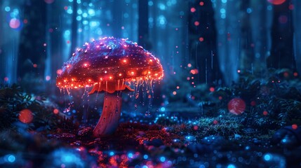 Hyperdetailed image of a glowing mushroom in a dark forest, surrounded by neon lights and drops, backlit