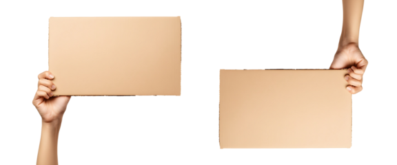 Hand with cardboard placard isolated on transparent background. high resolution PNG file