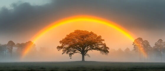 Obraz premium Solitary tree under a sunrise rainbow.