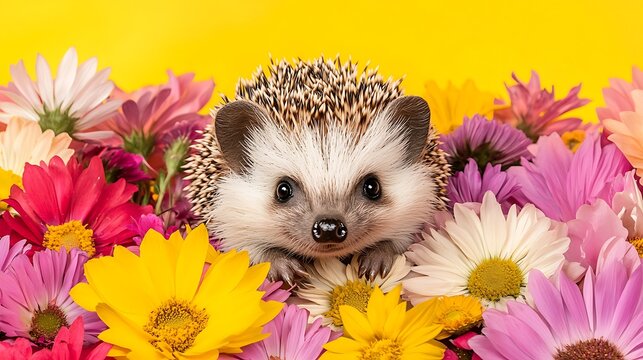 Adorable hedgehog surrounded by colorful flowers in bright yellow background, cute animal photography