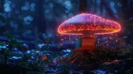 Luminous backlit glowing mushroom in a dark forest, surrounded by neon lights and drops, hyperdetailed