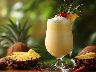 Creamy pineapple cocktail garnished with whipped cream and cherry.