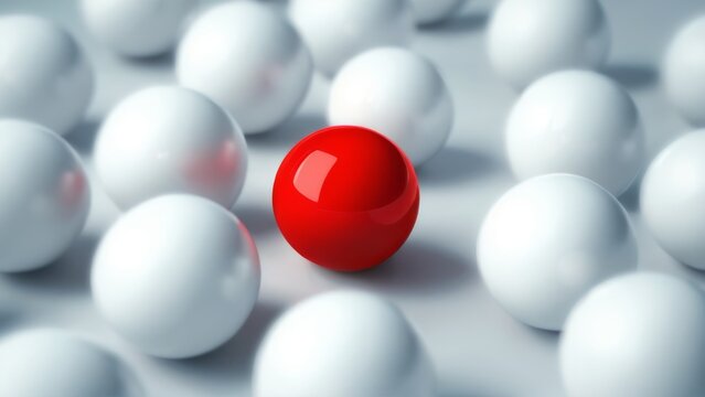 Red Ball as Focal Point Among Scattered White Spheres in 3D Rendering with Realistic Feel on White Background