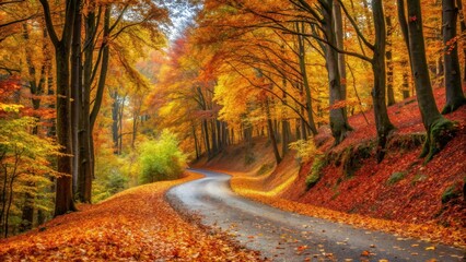 Fallen leaves covering winding road in beautiful autumn scenery, autumn, foliage, fall, leaves, road, windy, colorful, nature