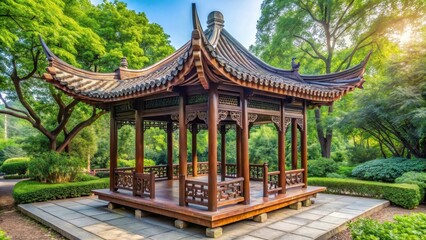 Fototapeta premium Chinese style gazebo with intricate wooden carvings and traditional tiled roof , Chinese, style, gazebo, wooden