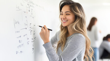 Young asian female writing on whiteboard in classroom setting
