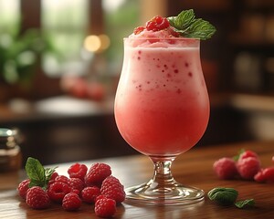 Raspberry smoothie in elegant glass.