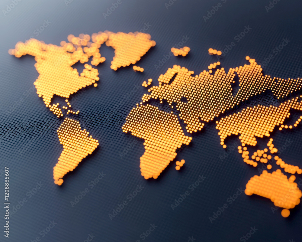Poster abstract world map design with orange dots on dark background.