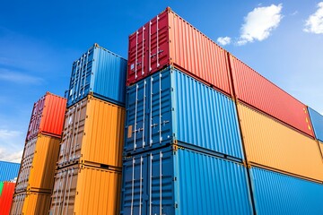 Fototapeta premium Colorful shipping containers stacked against a bright blue sky, showcasing industrial logistics and global trade.
