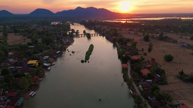Aerial drone at sunset of Don det and 4000 island South Laos travel destination on Mekong river 