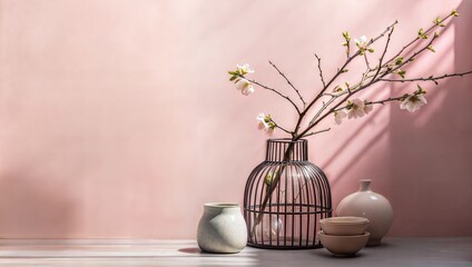 pink cherry blossom vase mock up background copy paste text blank space