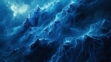 Surreal Abstract Landscape with Turbulent Blue Waves and Dramatic Lighting Creating a Fantastical Scene of Nature's Power and Majesty