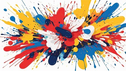 Energetic splatter paint abstract, bold primary colors on a white canvas.