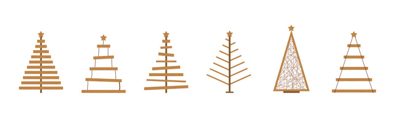 Fototapeta premium Rustic wooden Christmas Tree collection. Christmas tree made of wooden shelves. Eco friendly holiday ornaments. Plastic free concept. Vector illustration in flat cartoon style.