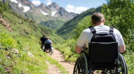 Wheelchair user leading a group on a scenic mountain trail, adaptive hiking gear visible, lush greenery around