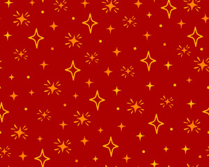 Seamless pattern with golden stars and flares on a red background. Festive wrapping paper, textile, print. Chinese New Year, Tet, Lunar New Year.