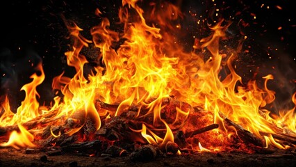 Fototapeta premium Blazing inferno on black background, intense flames and heat, burning embers and sparks , charred, sparks, charred