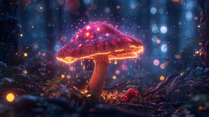 Luminous backlit glowing mushroom in a dark forest, surrounded by neon lights and drops, hyperdetailed