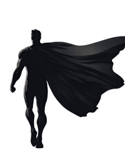 Heroic figure walking with determination under flowing black cape in minimalist setting isolated on transparent background