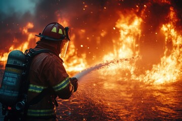 Obraz premium Firefighter in action using a water hose to combat a fire, professional and intense moment