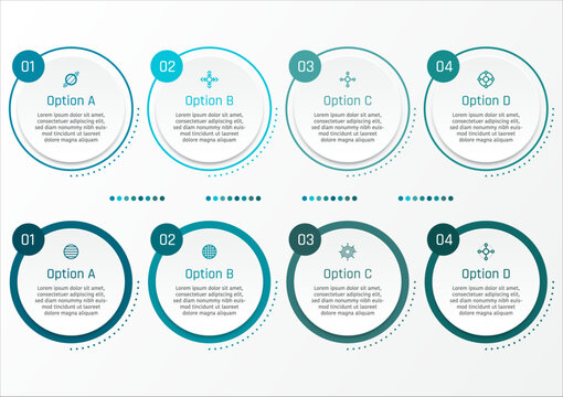 2 sets of 4 options business infographic template, theme of simple circle frame with dot line, as well as number and symbols